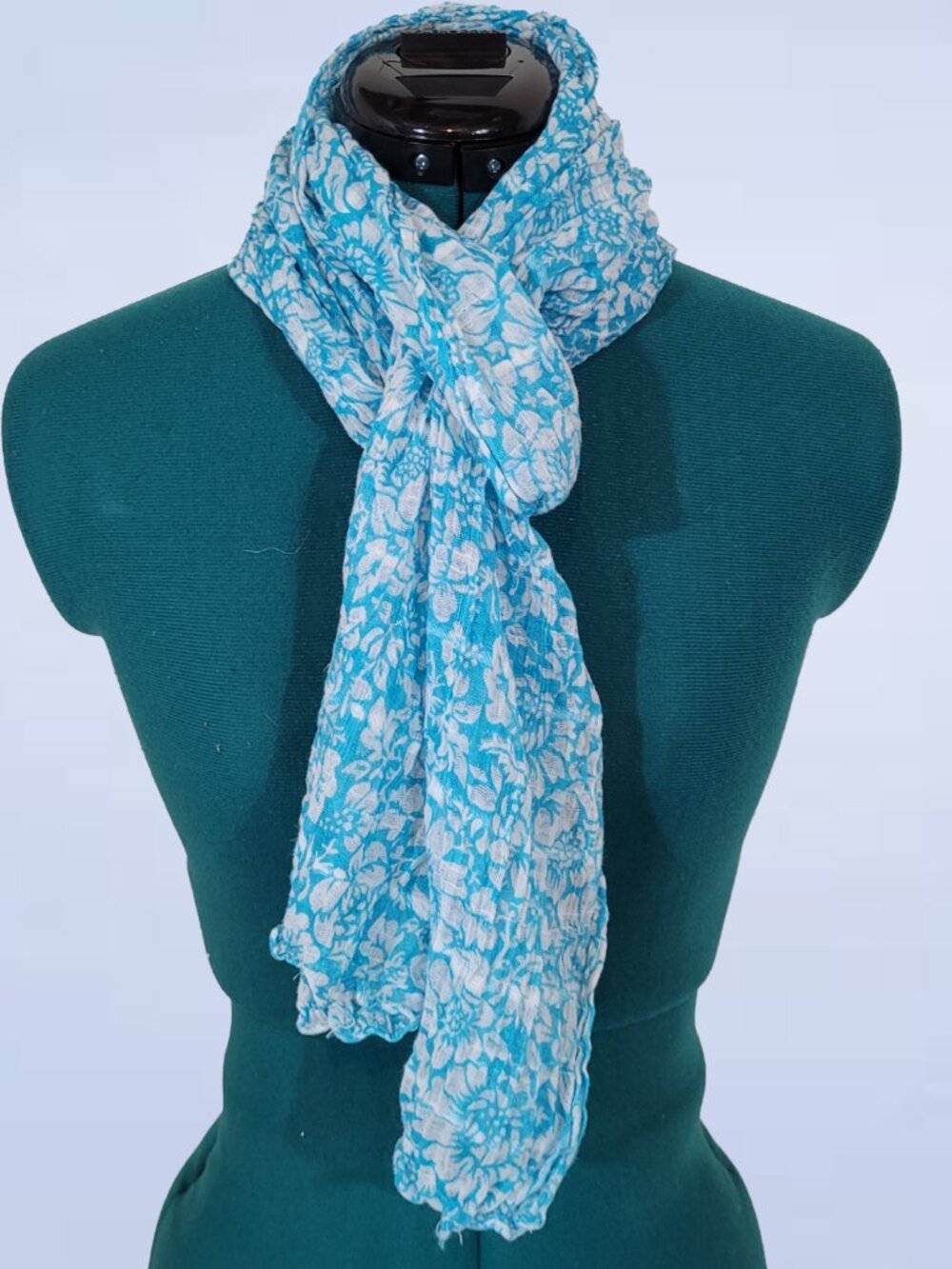 Lightweight Blue And White Floral-Print Scarf With A Soft, Crinkled Texture